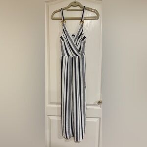 American Eagle blue and white stripe surplice jumpsuit